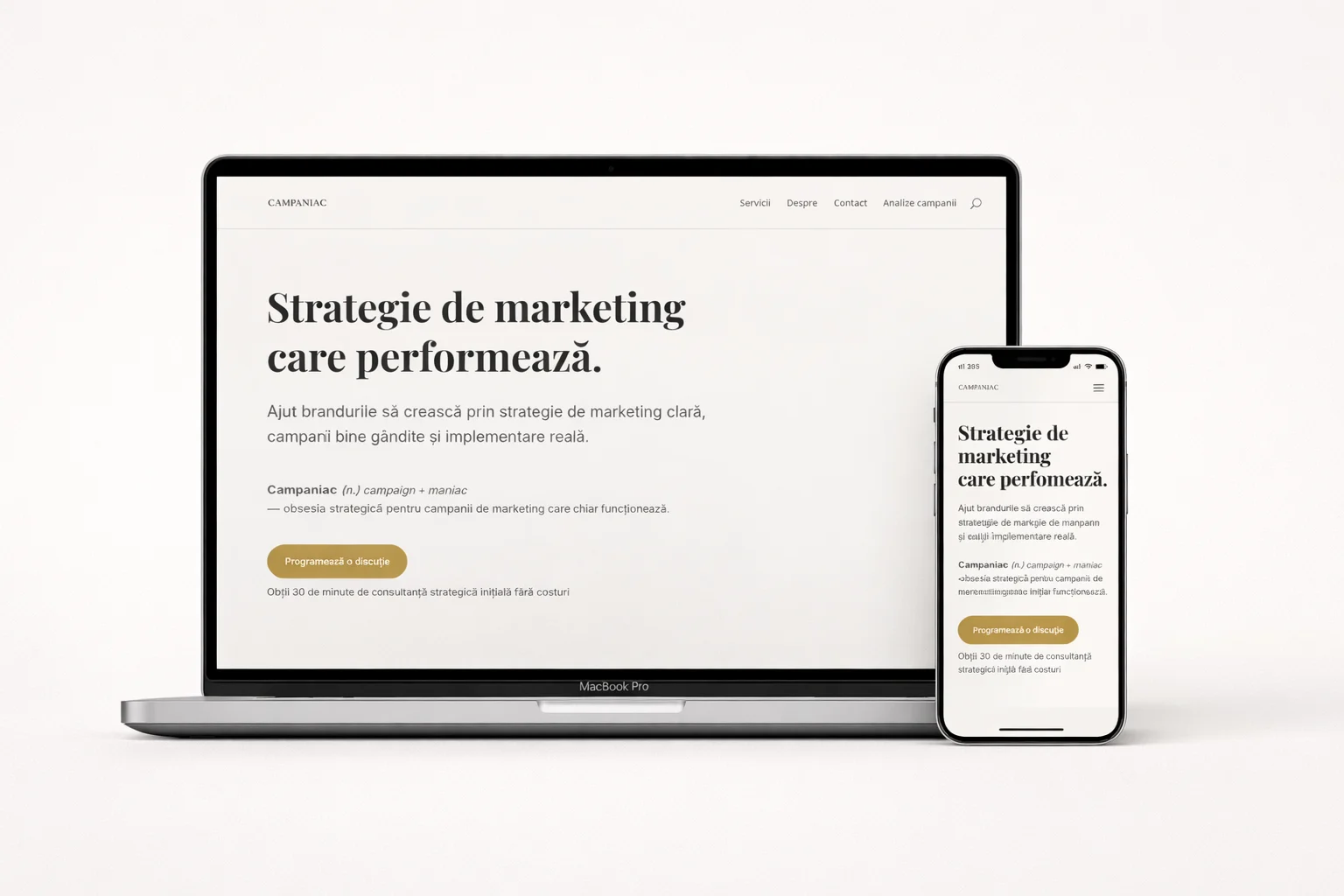 Mockup de website design curat și optimizat pentru dispozitive mobile, creat în Divi.