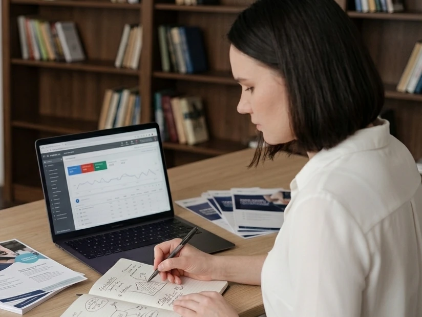 Roberta Brănescu, strateg de marketing, scriind o strategie aplicată și implementare directă pentru un brand.
